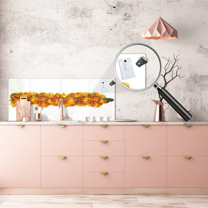 Wide-format tempered glass kitchen wall panel with metal backing - and without: Half-Moon fighting fish in orange