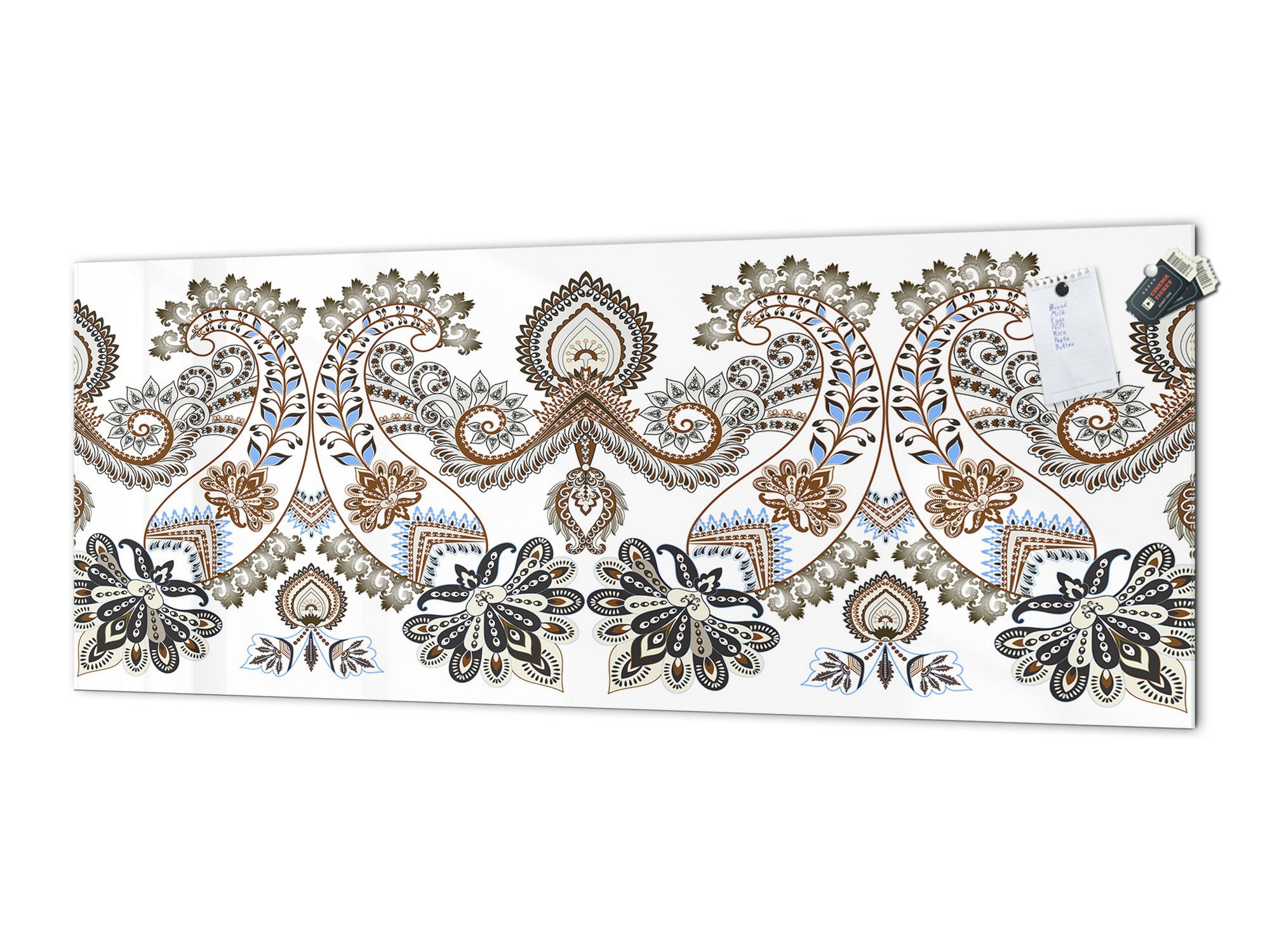 Wide-format tempered glass kitchen wall panel with metal backing - and without: Paisley in beige style