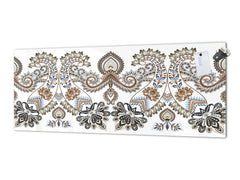 Wide-format tempered glass kitchen wall panel with metal backing - and without: Paisley in beige style
