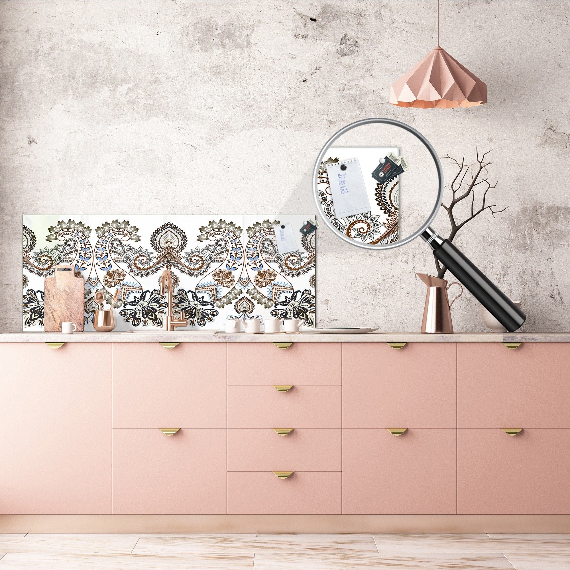 Wide-format tempered glass kitchen wall panel with metal backing - and without: Paisley in beige style