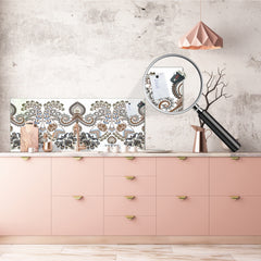 Wide-format tempered glass kitchen wall panel with metal backing - and without: Paisley in beige style