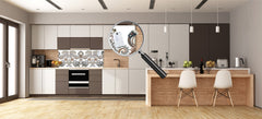 Wide-format tempered glass kitchen wall panel with metal backing - and without: Paisley in beige style