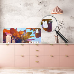 Wide-format tempered glass kitchen wall panel with metal backing - and without: Lily buds - Lotus flowers