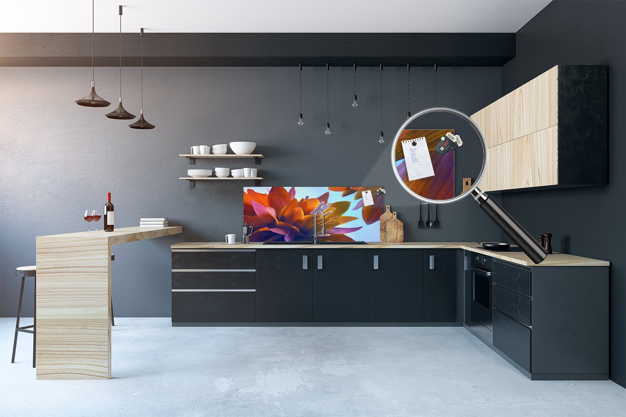 Wide-format tempered glass kitchen wall panel with metal backing - and without: Lily buds - Lotus flowers