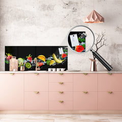 Wide-format tempered glass kitchen wall panel with metal backing - and without: Black splash fruits