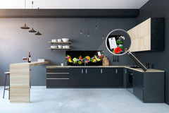 Wide-format tempered glass kitchen wall panel with metal backing - and without: Black splash fruits
