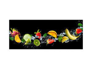 Wide-format tempered glass kitchen wall panel with metal backing - and without: Black splash fruits