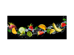 Wide-format tempered glass kitchen wall panel with metal backing - and without: Black splash fruits