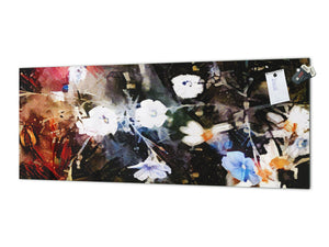 Wide-format tempered glass kitchen wall panel with metal backing - and without: Flowers in grunge abstract style