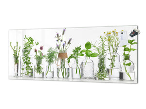 Wide-format tempered glass kitchen wall panel with metal backing - and without: Herb bottles on white