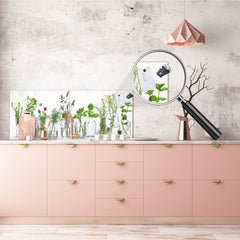 Wide-format tempered glass kitchen wall panel with metal backing - and without: Herb bottles on white