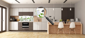 Wide-format tempered glass kitchen wall panel with metal backing - and without: Herb bottles on white