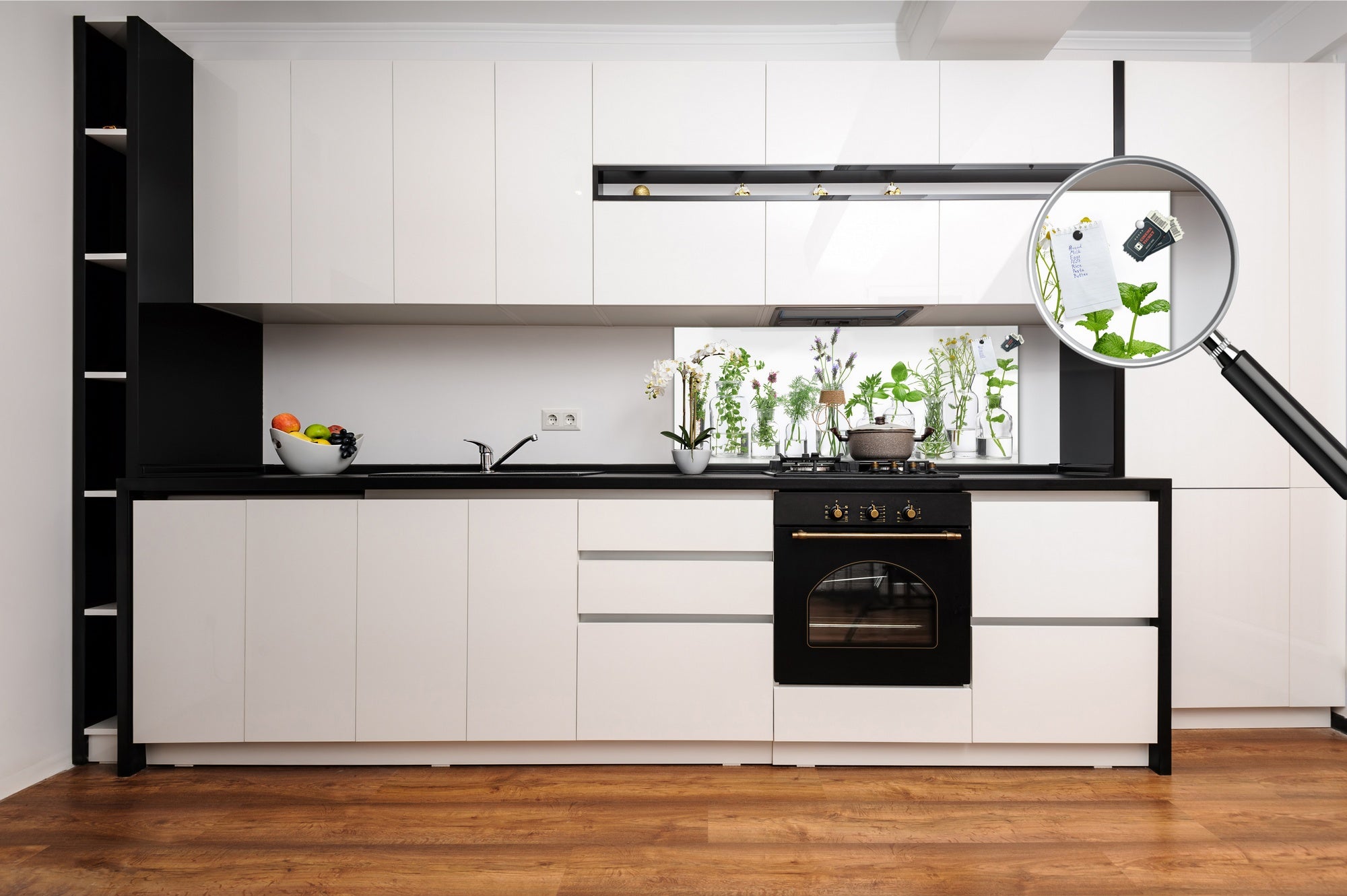 Wide-format tempered glass kitchen wall panel with metal backing - and without: Herb bottles on white