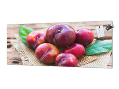 Wide-format tempered glass kitchen wall panel with metal backing - and without: Plums in pyramid