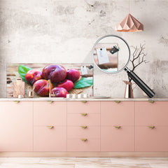Wide-format tempered glass kitchen wall panel with metal backing - and without: Plums in pyramid