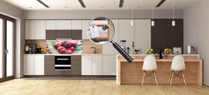 Wide-format tempered glass kitchen wall panel with metal backing - and without: Plums in pyramid