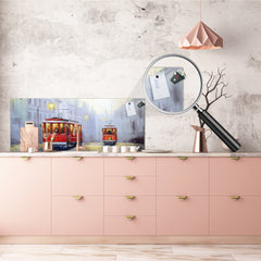 Wide-format tempered glass kitchen wall panel with metal backing - and without: Tram in Lisbon