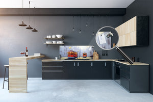 Wide-format tempered glass kitchen wall panel with metal backing - and without: Tram in Lisbon