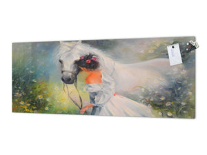 Wide format Wall panel with magnetic and non-magnetic metal sheet backing: Girl with a horse Oil on canvas