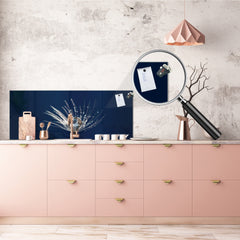 Toughened printed glass backsplash - Wide format steel coated wall glass backsplash: Dandelion seed with water drops closeup