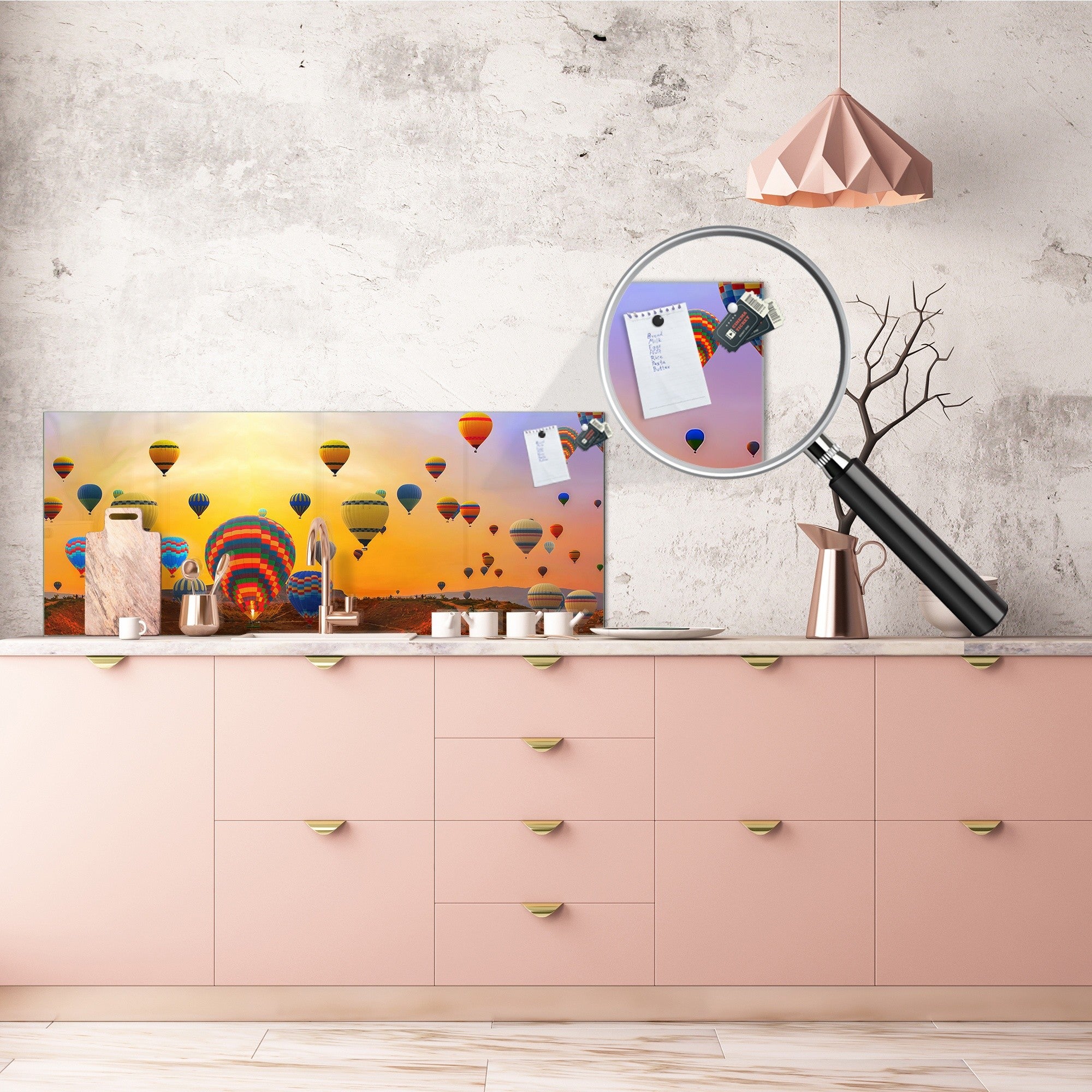 Toughened printed glass backsplash - Wide format steel coated wall glass backsplash: Hot air balloons festival