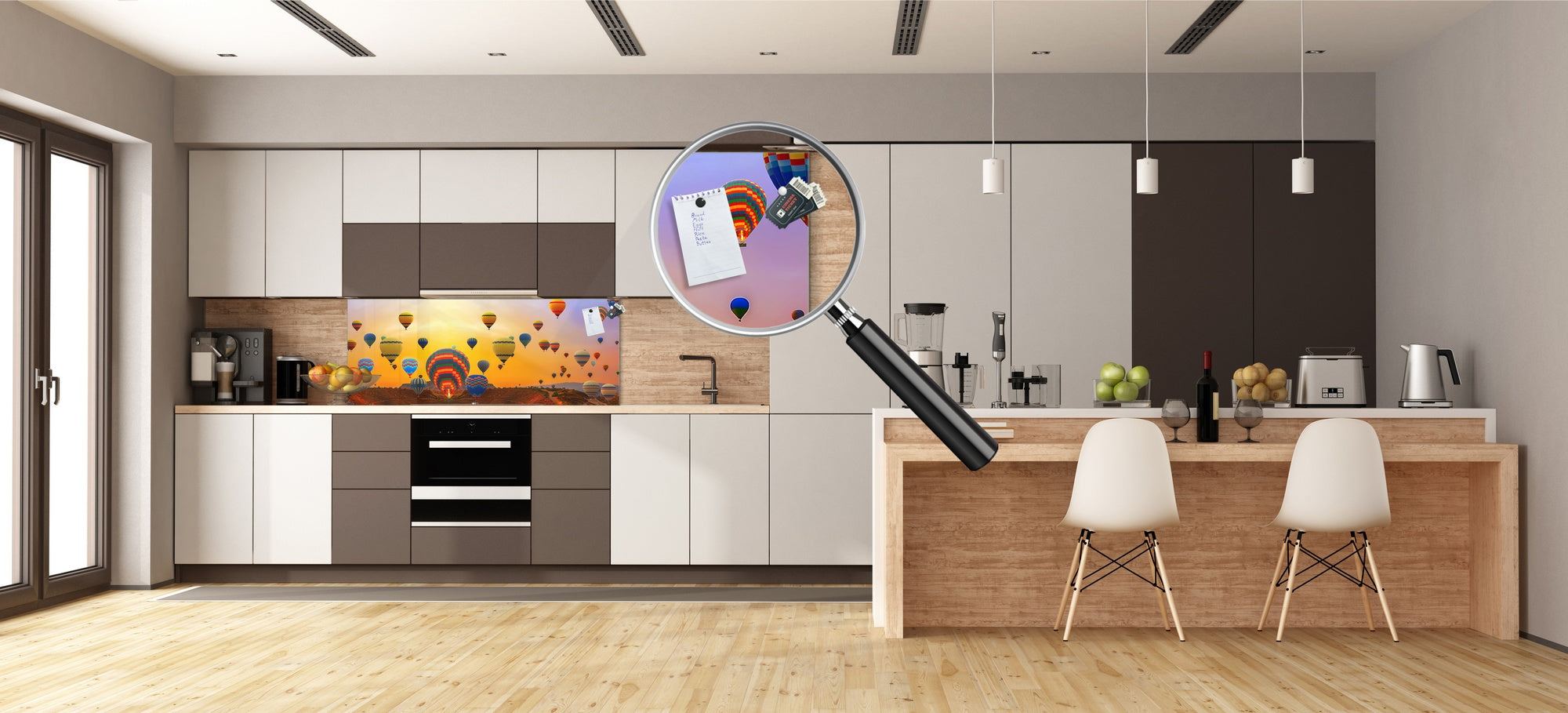 Toughened printed glass backsplash - Wide format steel coated wall glass backsplash: Hot air balloons festival