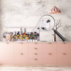 Toughened printed glass backsplash - Wide format steel coated wall glass backsplash: New York landscape oil painting