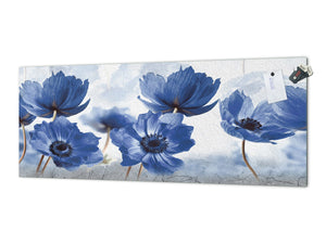 Toughened printed glass backsplash - Wide format steel coated wall glass backsplash: Blue flowers in abstract