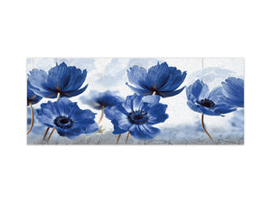 Toughened printed glass backsplash - Wide format steel coated wall glass backsplash: Blue flowers in abstract