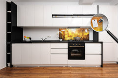 Toughened printed glass backsplash - Wide format steel coated wall glass backsplash: Abstract yellow forest