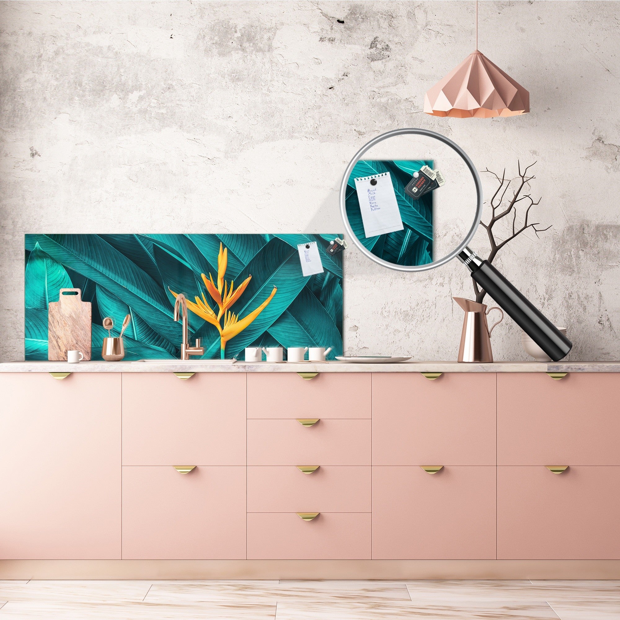 Toughened printed glass backsplash - Wide format steel coated wall glass backsplash: Dark tropical foliage with orange flower