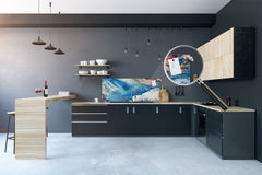 Toughened printed glass backsplash - Wideformat steel coated wall glass splashback:  Fragments of Abstraction