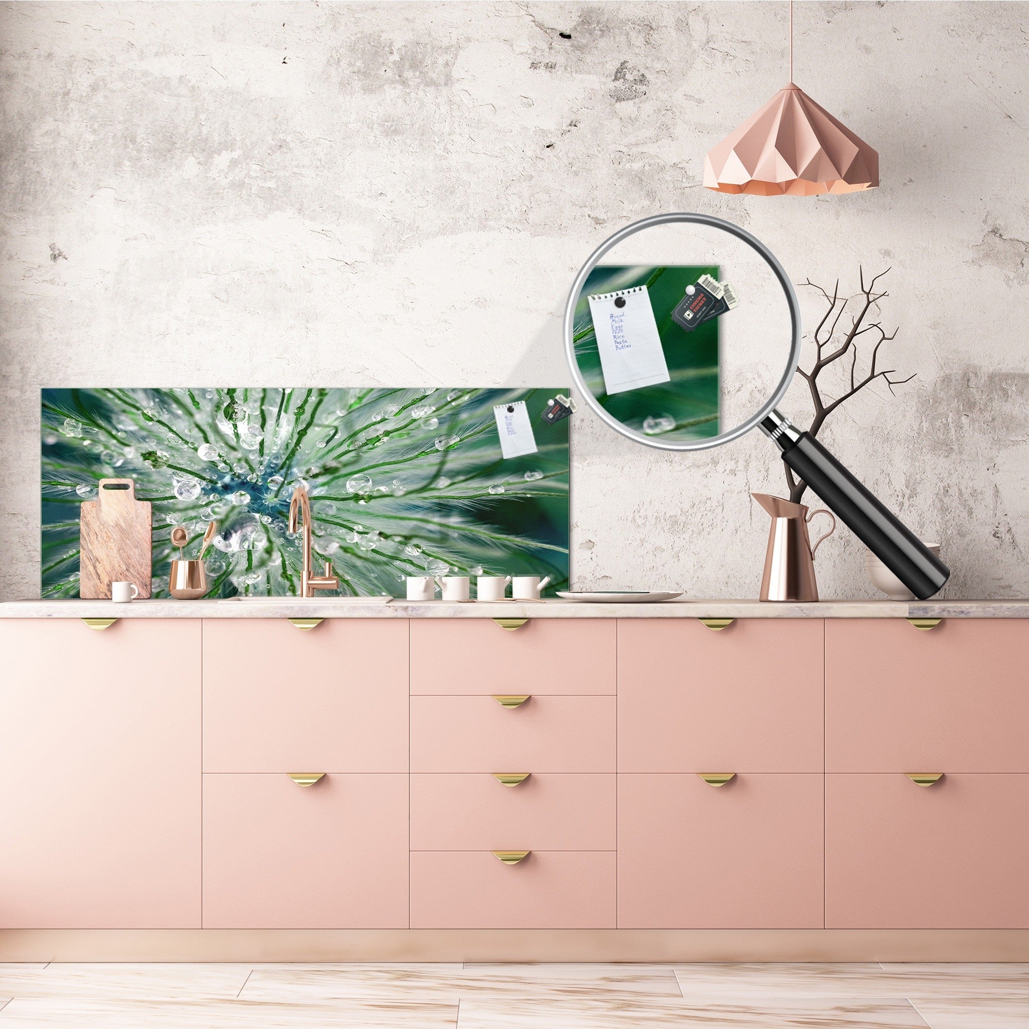 Tempered Glass magnetic and non magnetic splash-back in wide-format: Macro shot of flower head in morning dew