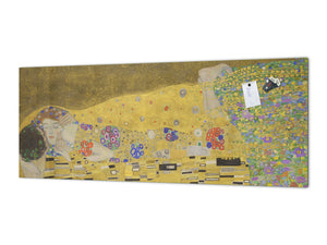 Wide-format glass kitchen panel with and w/o stainless steel metal back-coating: The Kiss by Gustav Klimt