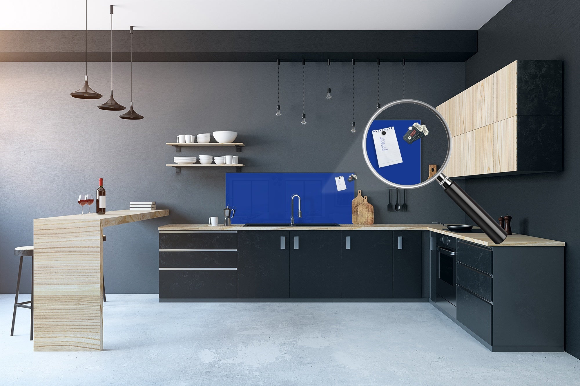 Glass kitchen panel with and w/o stainless steel back-coating: Royal Navy Blue