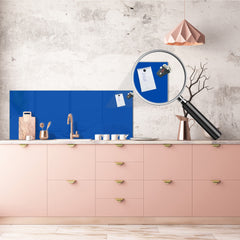Glass backsplash w/ and w/o metal sheet backing with magnetic properties: Road Sign Blue