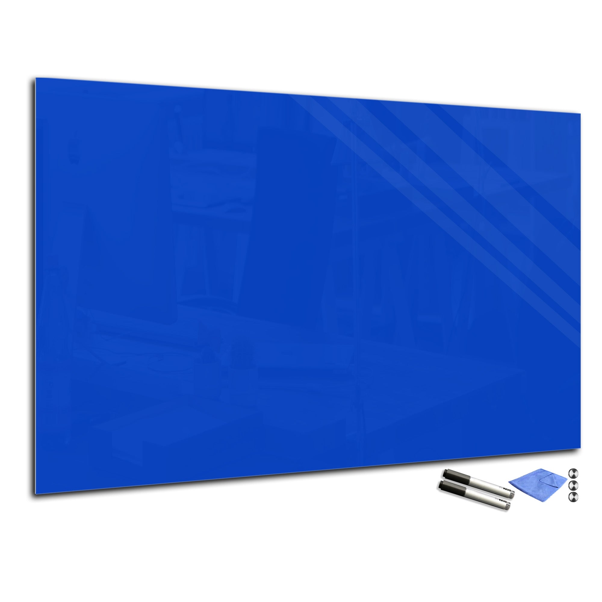 BE BOARD Tableau en verre trempé Bleu magnétique aimant et fixation fournie  - Format : L45 x H45 cm
